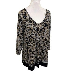 J Jill neutral 3/4 sleeve top boho wearever collection rayon floral stripes M